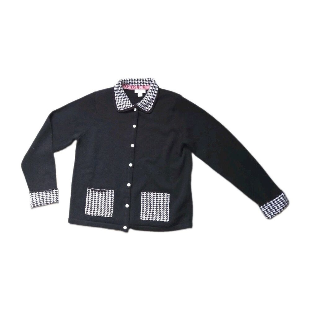 VTG 2004 Christopher & Banks Black Houndstooth Knit Cardigan Jacket Size L EUC